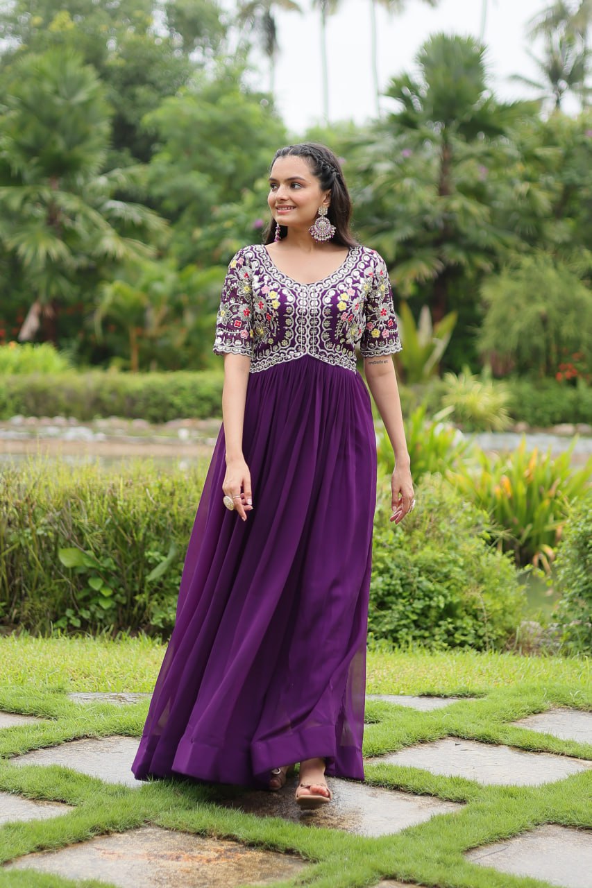 Winsome Faux Georgette Zari Sequins Worked Designer Gown - INDIAN ELEGANCE