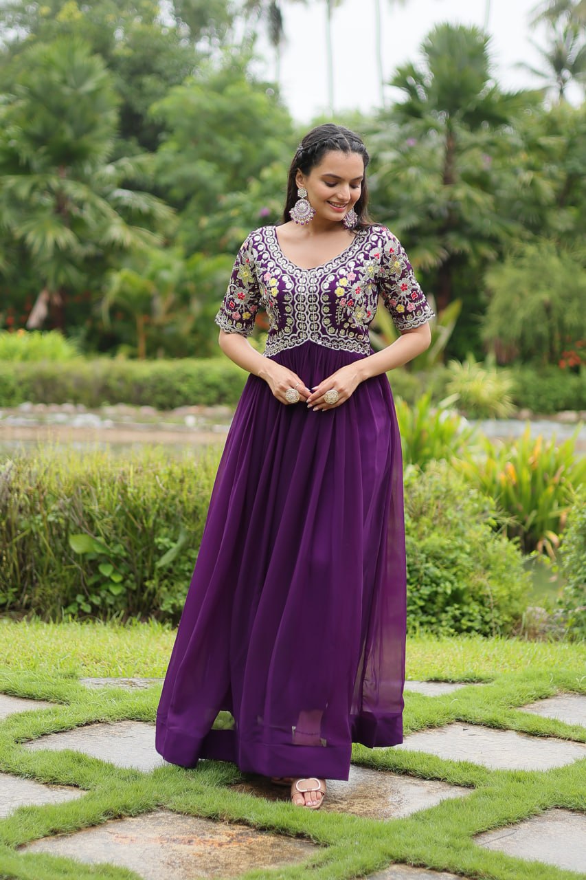 Winsome Faux Georgette Zari Sequins Worked Designer Gown - INDIAN ELEGANCE