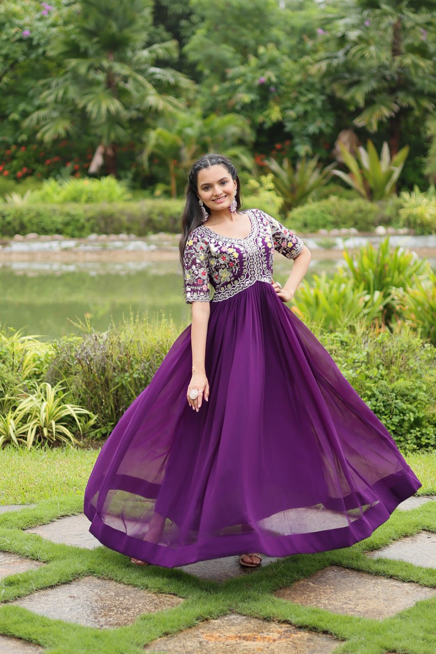 Winsome Faux Georgette Zari Sequins Worked Designer Gown - INDIAN ELEGANCE