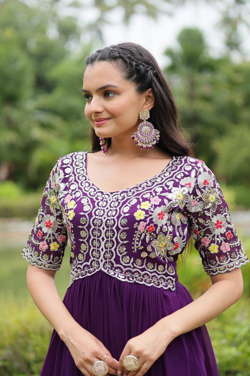 Winsome Faux Georgette Zari Sequins Worked Designer Gown - INDIAN ELEGANCE