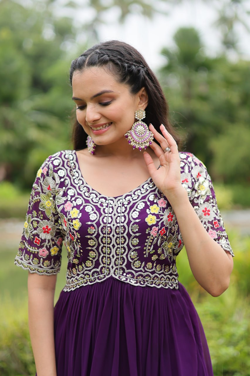 Winsome Faux Georgette Zari Sequins Worked Designer Gown - INDIAN ELEGANCE