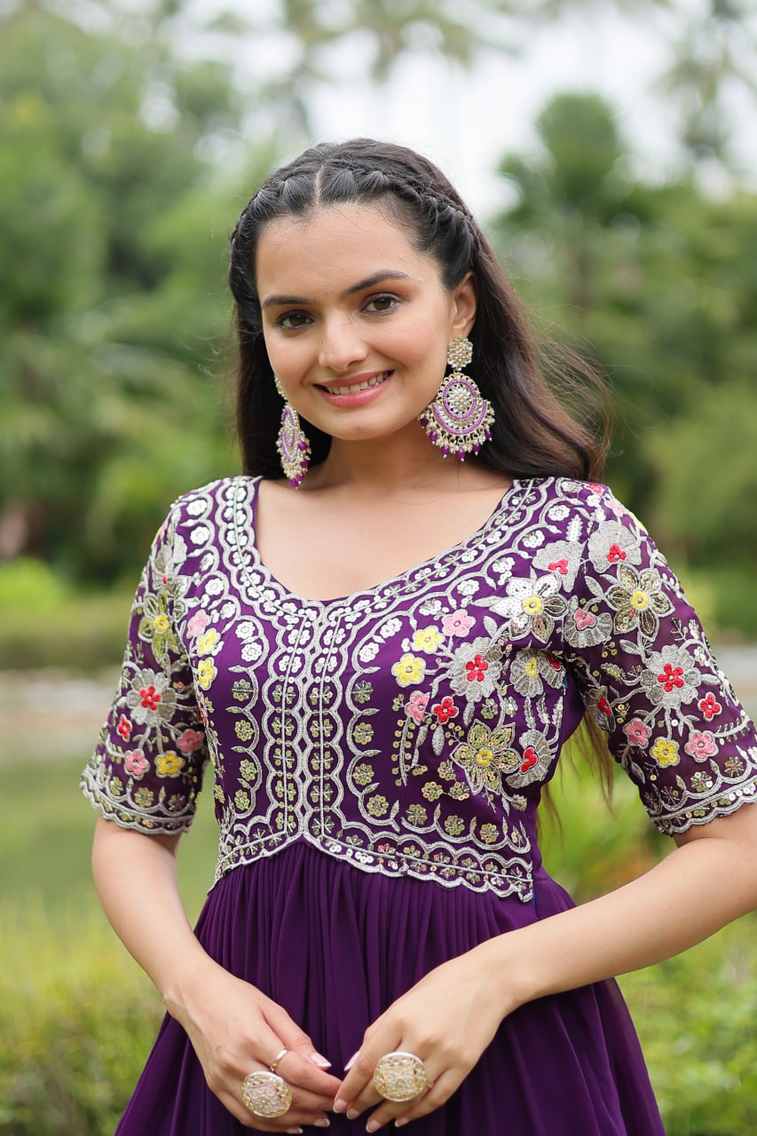 Winsome Faux Georgette Zari Sequins Worked Designer Gown - INDIAN ELEGANCE