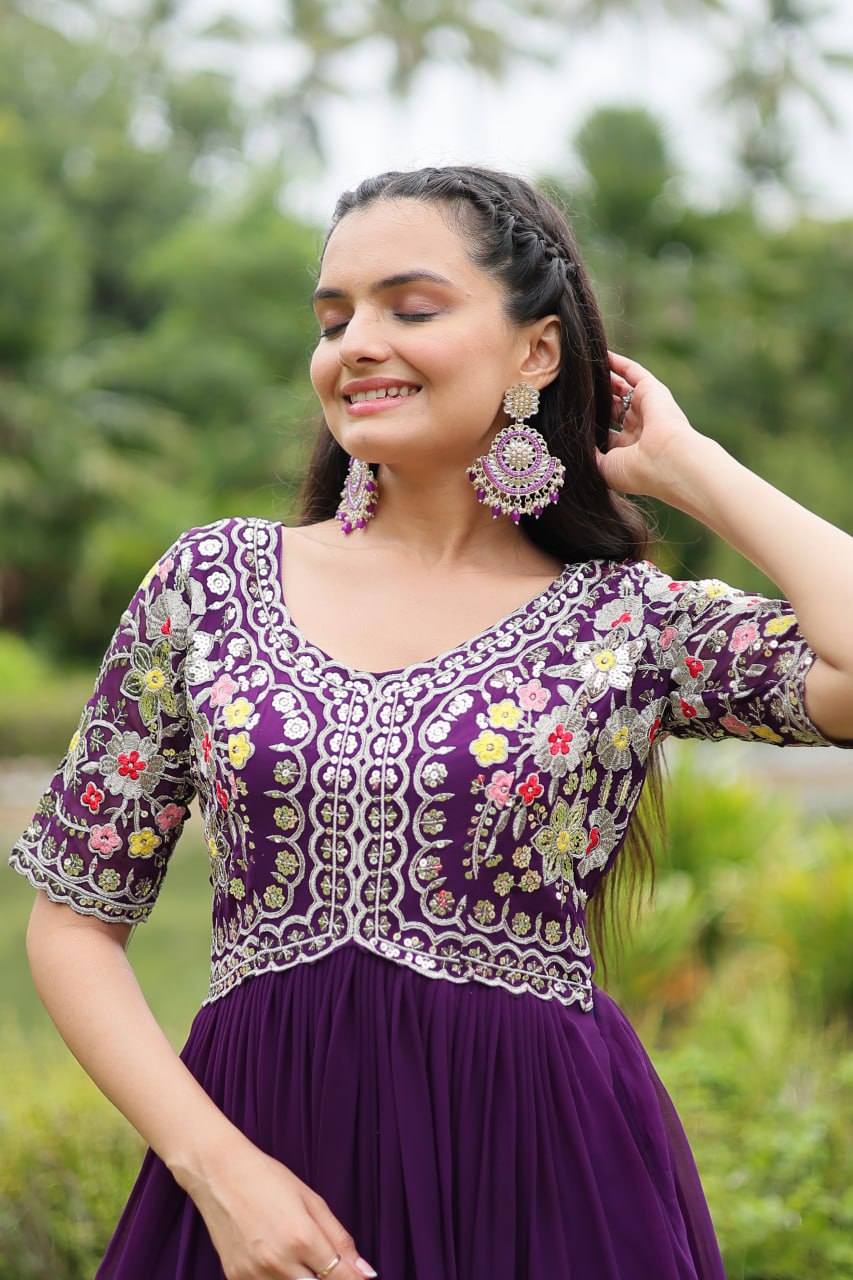 Winsome Faux Georgette Zari Sequins Worked Designer Gown - INDIAN ELEGANCE
