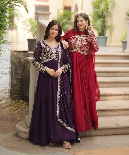 Breathtaking Faux Georgette Sequins Zari Worked Designer Gown - INDIAN ELEGANCE
