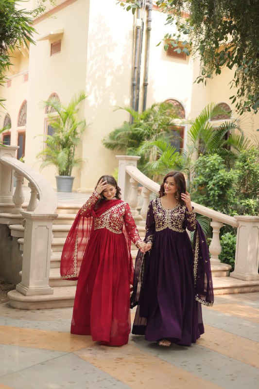 Breathtaking Faux Georgette Sequins Zari Worked Designer Gown - INDIAN ELEGANCE