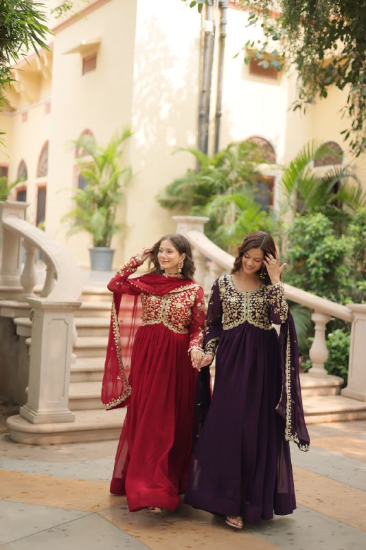 Breathtaking Faux Georgette Sequins Zari Worked Designer Gown - INDIAN ELEGANCE