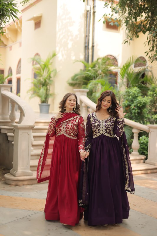 Breathtaking Faux Georgette Sequins Zari Worked Designer Gown - INDIAN ELEGANCE