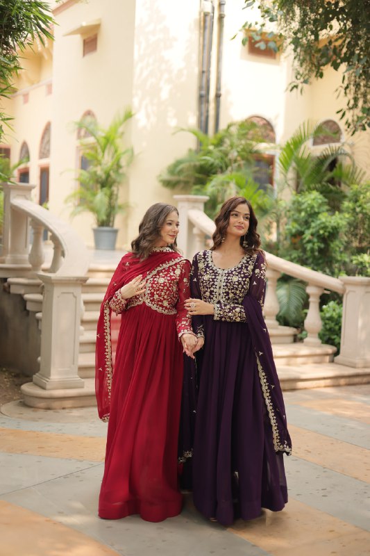 Breathtaking Faux Georgette Sequins Zari Worked Designer Gown - INDIAN ELEGANCE