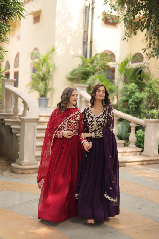 Breathtaking Faux Georgette Sequins Zari Worked Designer Gown - INDIAN ELEGANCE