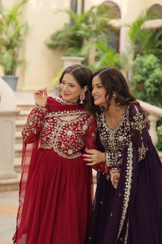 Breathtaking Faux Georgette Sequins Zari Worked Designer Gown - INDIAN ELEGANCE