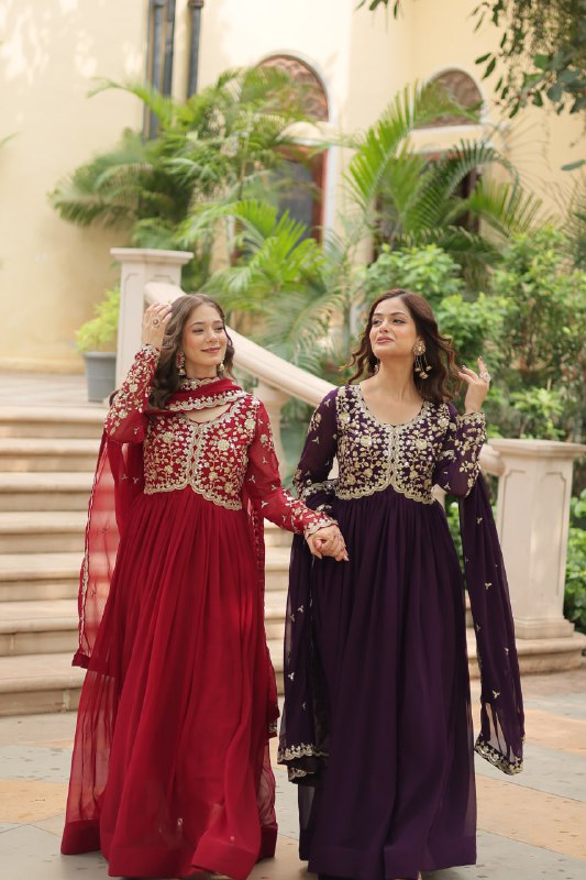 Breathtaking Faux Georgette Sequins Zari Worked Designer Gown - INDIAN ELEGANCE