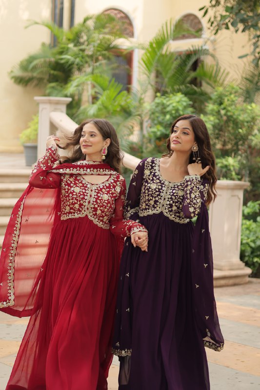 Breathtaking Faux Georgette Sequins Zari Worked Designer Gown - INDIAN ELEGANCE