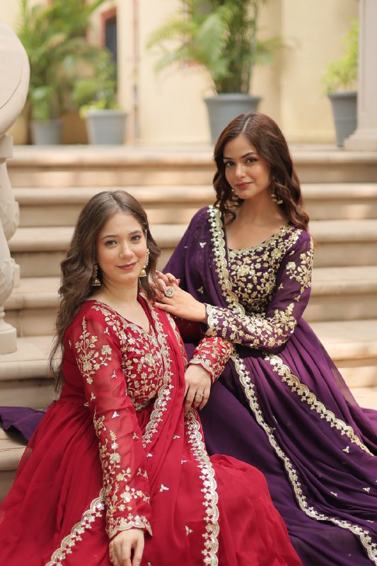 Breathtaking Faux Georgette Sequins Zari Worked Designer Gown - INDIAN ELEGANCE