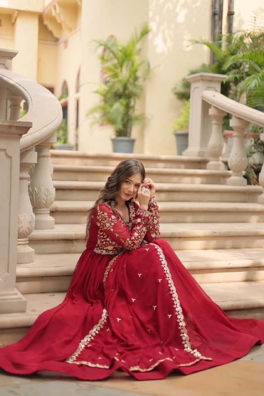 Breathtaking Faux Georgette Sequins Zari Worked Designer Gown - INDIAN ELEGANCE