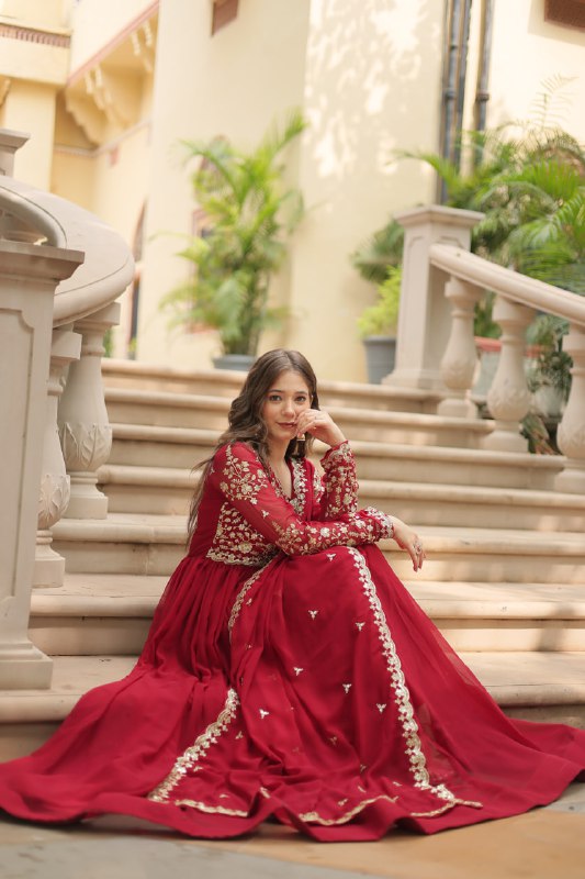 Breathtaking Faux Georgette Sequins Zari Worked Designer Gown - INDIAN ELEGANCE