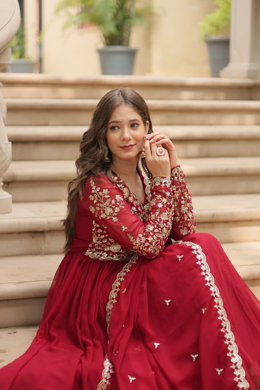 Breathtaking Faux Georgette Sequins Zari Worked Designer Gown - INDIAN ELEGANCE