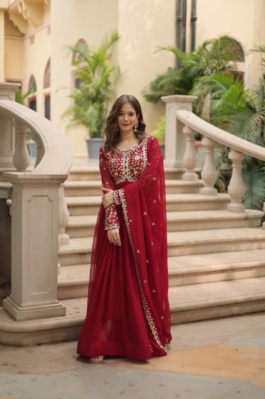 Breathtaking Faux Georgette Sequins Zari Worked Designer Gown - INDIAN ELEGANCE