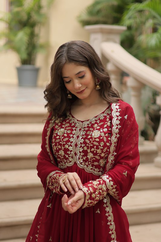 Breathtaking Faux Georgette Sequins Zari Worked Designer Gown - INDIAN ELEGANCE