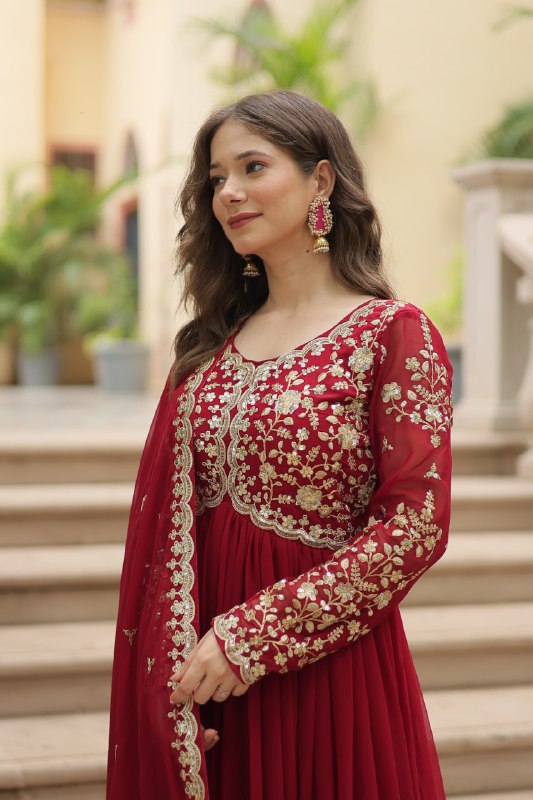 Breathtaking Faux Georgette Sequins Zari Worked Designer Gown - INDIAN ELEGANCE