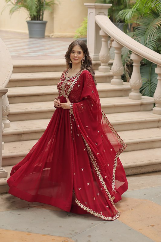 Breathtaking Faux Georgette Sequins Zari Worked Designer Gown - INDIAN ELEGANCE