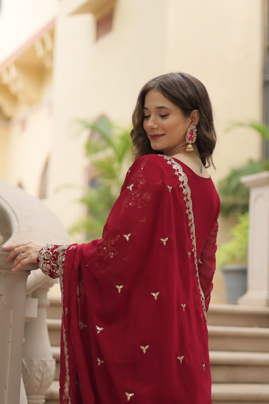 Breathtaking Faux Georgette Sequins Zari Worked Designer Gown - INDIAN ELEGANCE