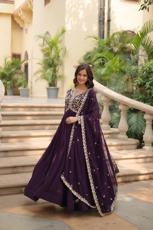 Breathtaking Faux Georgette Sequins Zari Worked Designer Gown - INDIAN ELEGANCE