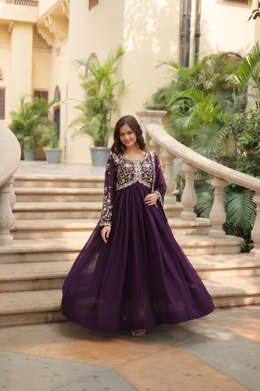 Breathtaking Faux Georgette Sequins Zari Worked Designer Gown - INDIAN ELEGANCE