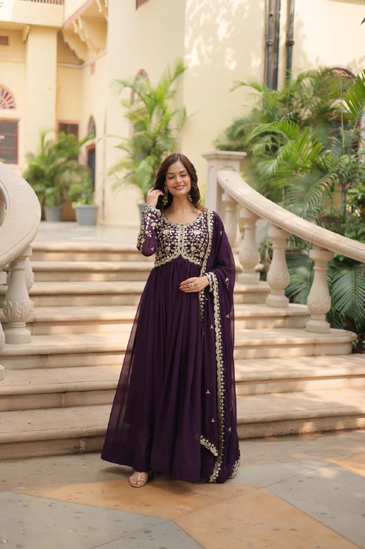 Breathtaking Faux Georgette Sequins Zari Worked Designer Gown - INDIAN ELEGANCE
