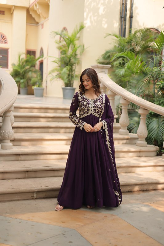 Breathtaking Faux Georgette Sequins Zari Worked Designer Gown - INDIAN ELEGANCE
