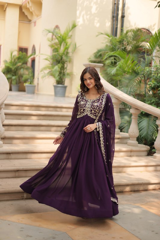 Breathtaking Faux Georgette Sequins Zari Worked Designer Gown - INDIAN ELEGANCE