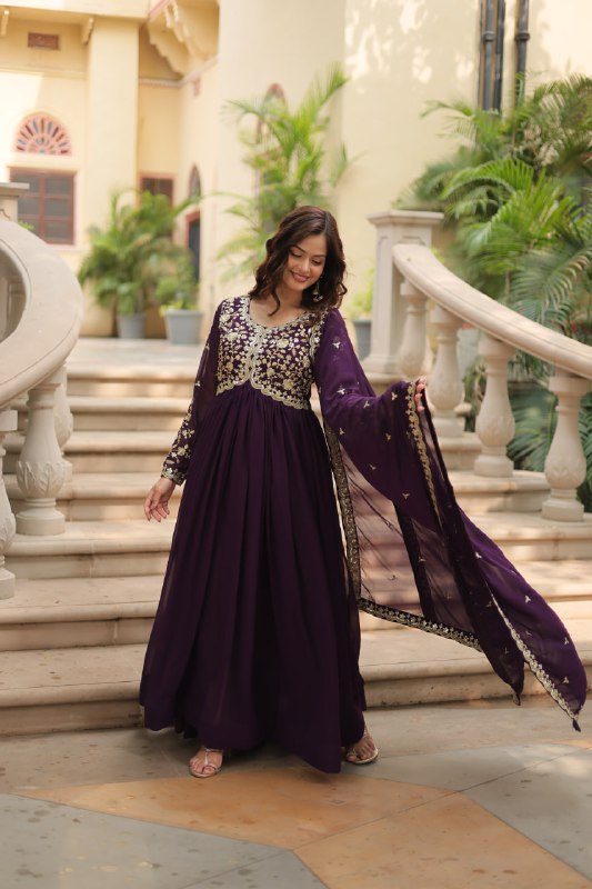 Breathtaking Faux Georgette Sequins Zari Worked Designer Gown - INDIAN ELEGANCE