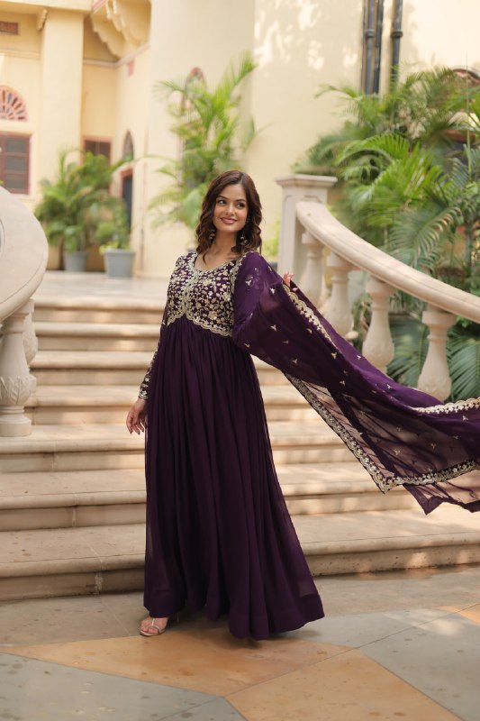 Breathtaking Faux Georgette Sequins Zari Worked Designer Gown - INDIAN ELEGANCE