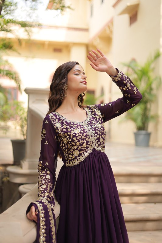 Breathtaking Faux Georgette Sequins Zari Worked Designer Gown - INDIAN ELEGANCE