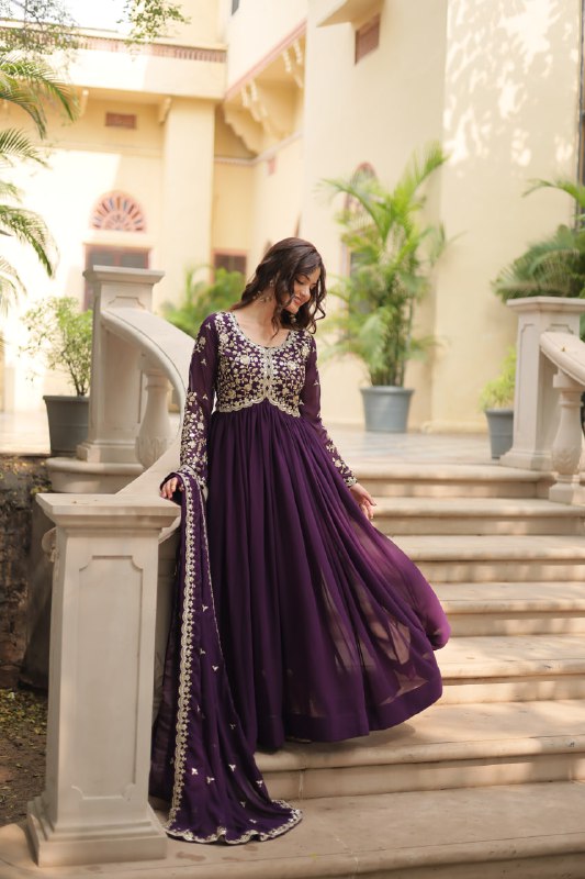 Breathtaking Faux Georgette Sequins Zari Worked Designer Gown - INDIAN ELEGANCE