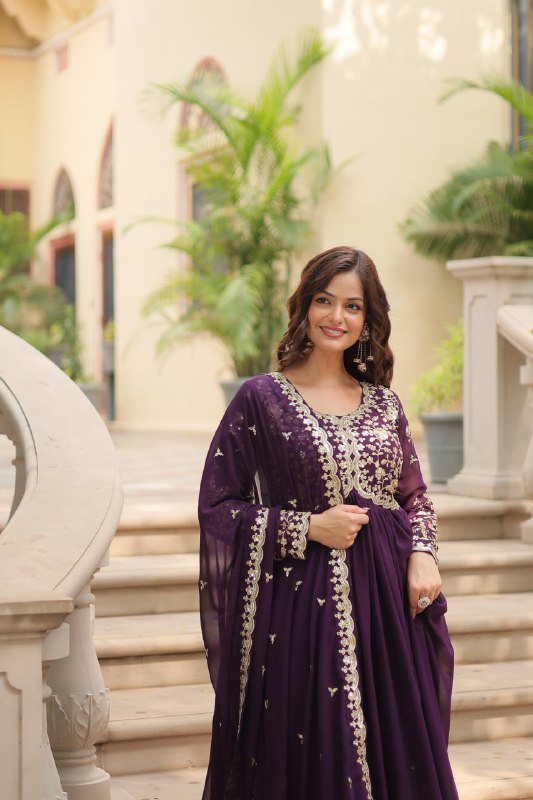 Breathtaking Faux Georgette Sequins Zari Worked Designer Gown - INDIAN ELEGANCE
