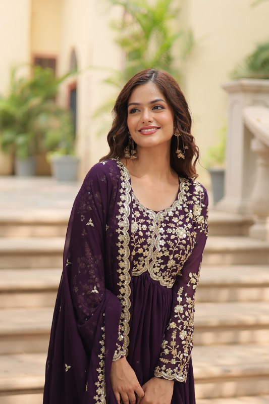 Breathtaking Faux Georgette Sequins Zari Worked Designer Gown - INDIAN ELEGANCE