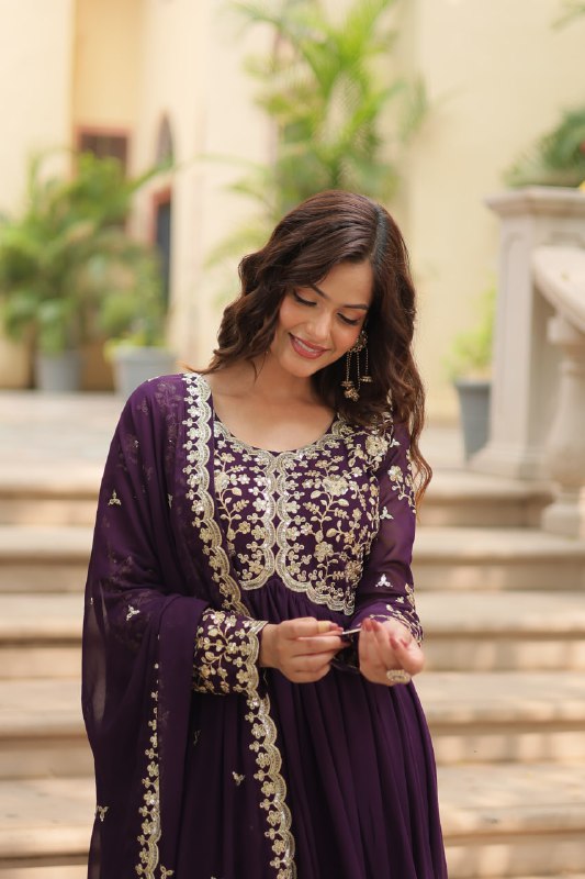 Breathtaking Faux Georgette Sequins Zari Worked Designer Gown - INDIAN ELEGANCE