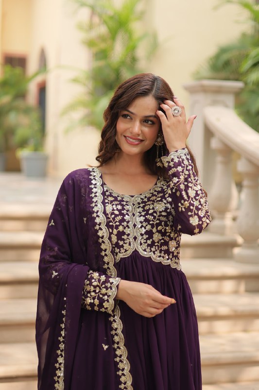 Breathtaking Faux Georgette Sequins Zari Worked Designer Gown - INDIAN ELEGANCE