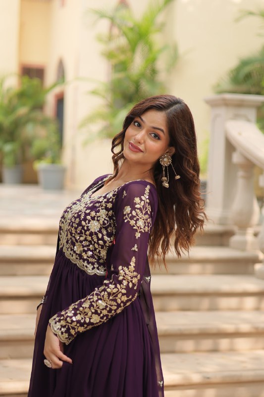 Breathtaking Faux Georgette Sequins Zari Worked Designer Gown - INDIAN ELEGANCE