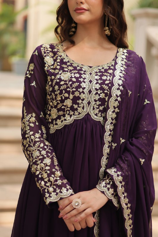 Breathtaking Faux Georgette Sequins Zari Worked Designer Gown - INDIAN ELEGANCE