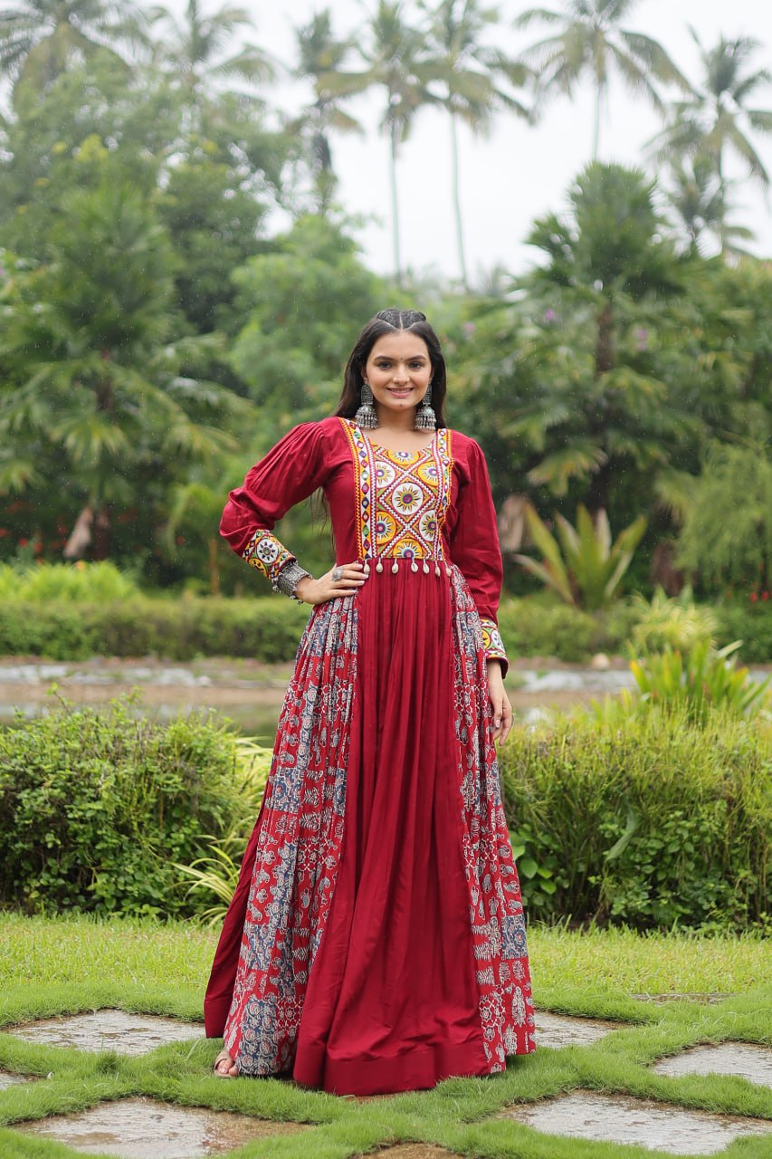 Spectacular Maroon Kutchi Gamthi Worked Navratri Wear Gown - INDIAN ELEGANCE