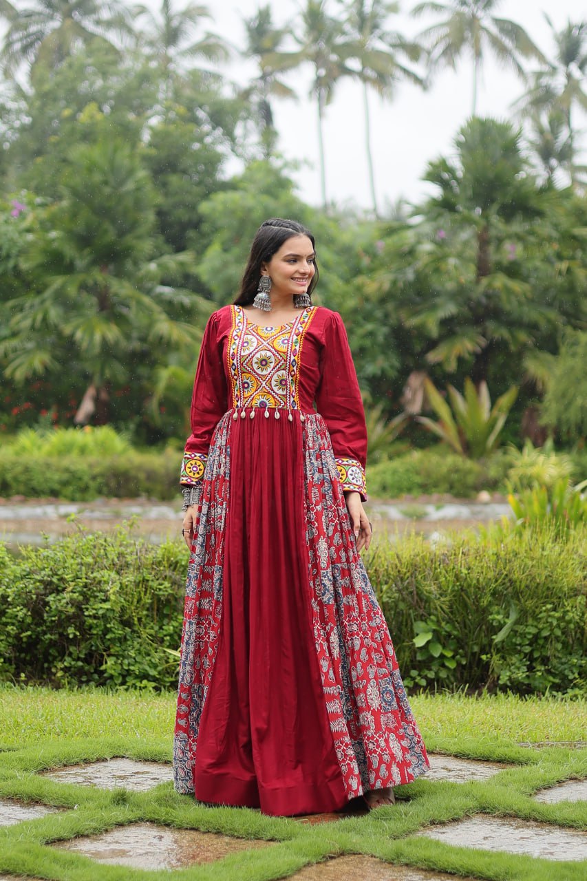 Spectacular Maroon Kutchi Gamthi Worked Navratri Wear Gown - INDIAN ELEGANCE
