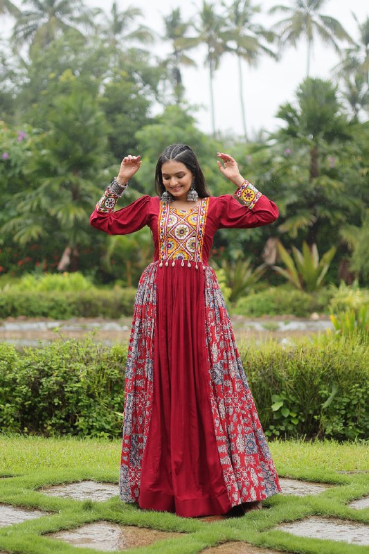 Spectacular Maroon Kutchi Gamthi Worked Navratri Wear Gown - INDIAN ELEGANCE