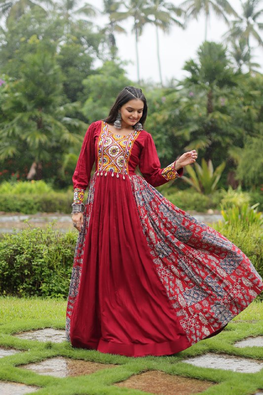 Spectacular Maroon Kutchi Gamthi Worked Navratri Wear Gown - INDIAN ELEGANCE