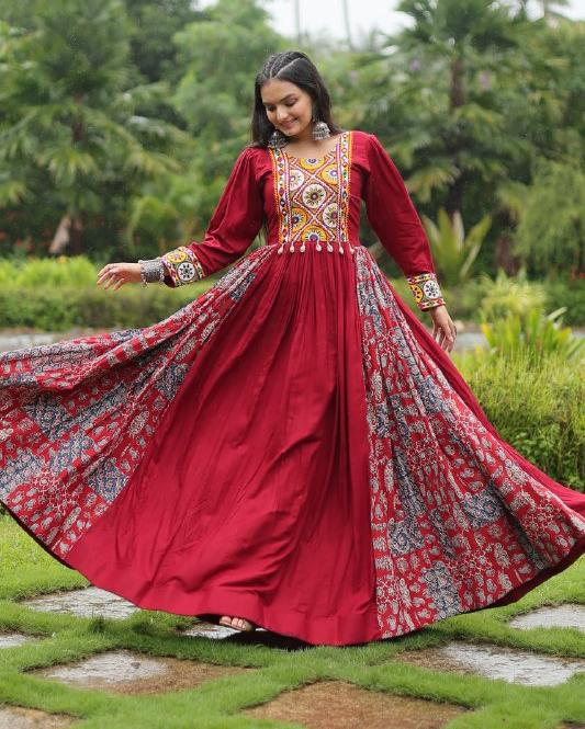 Spectacular Maroon Kutchi Gamthi Worked Navratri Wear Gown - INDIAN ELEGANCE