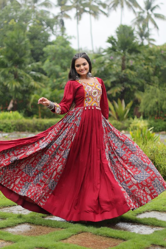 Spectacular Maroon Kutchi Gamthi Worked Navratri Wear Gown - INDIAN ELEGANCE