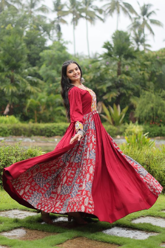 Spectacular Maroon Kutchi Gamthi Worked Navratri Wear Gown - INDIAN ELEGANCE
