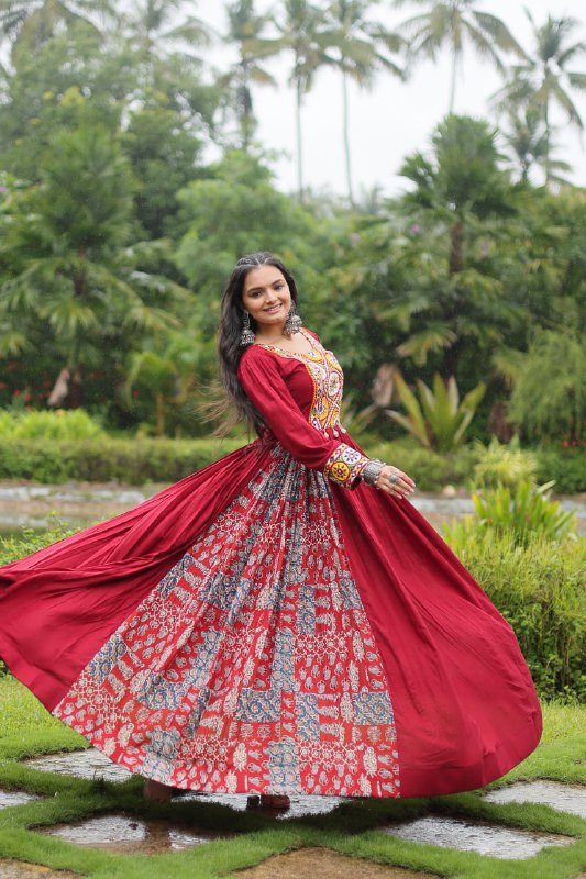 Spectacular Maroon Kutchi Gamthi Worked Navratri Wear Gown - INDIAN ELEGANCE