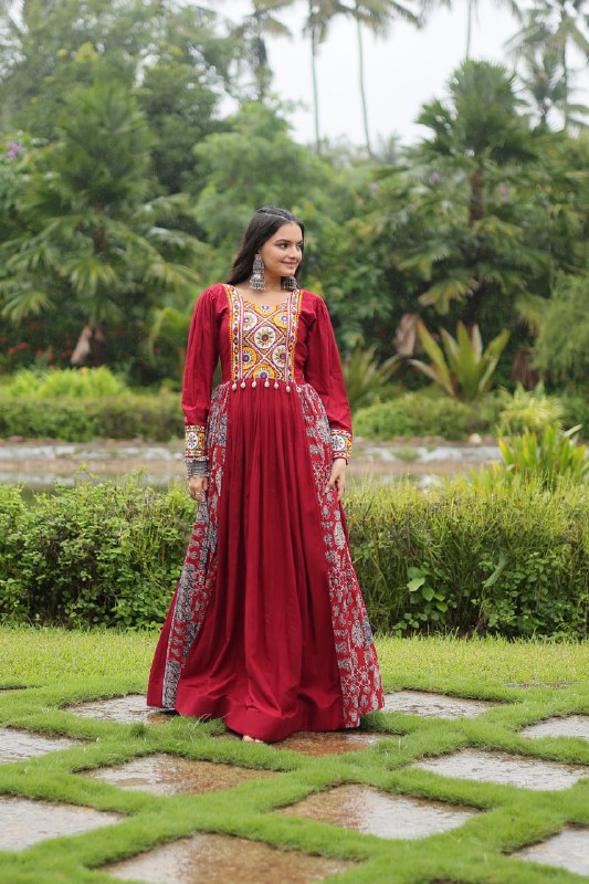 Spectacular Maroon Kutchi Gamthi Worked Navratri Wear Gown - INDIAN ELEGANCE