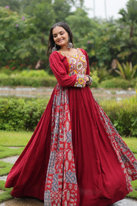 Spectacular Maroon Kutchi Gamthi Worked Navratri Wear Gown - INDIAN ELEGANCE